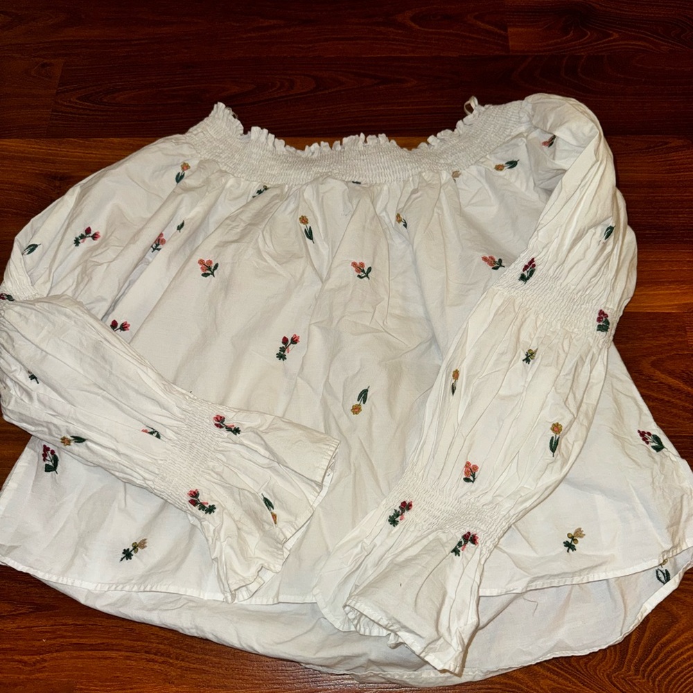 Zara Floral Embroidered Off the Shoulder White Blouse - Picture 3 of 3